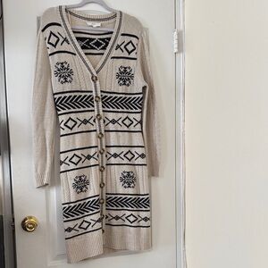 Long Beige Knit Cardigan Dress with Black Fair Isle Motif